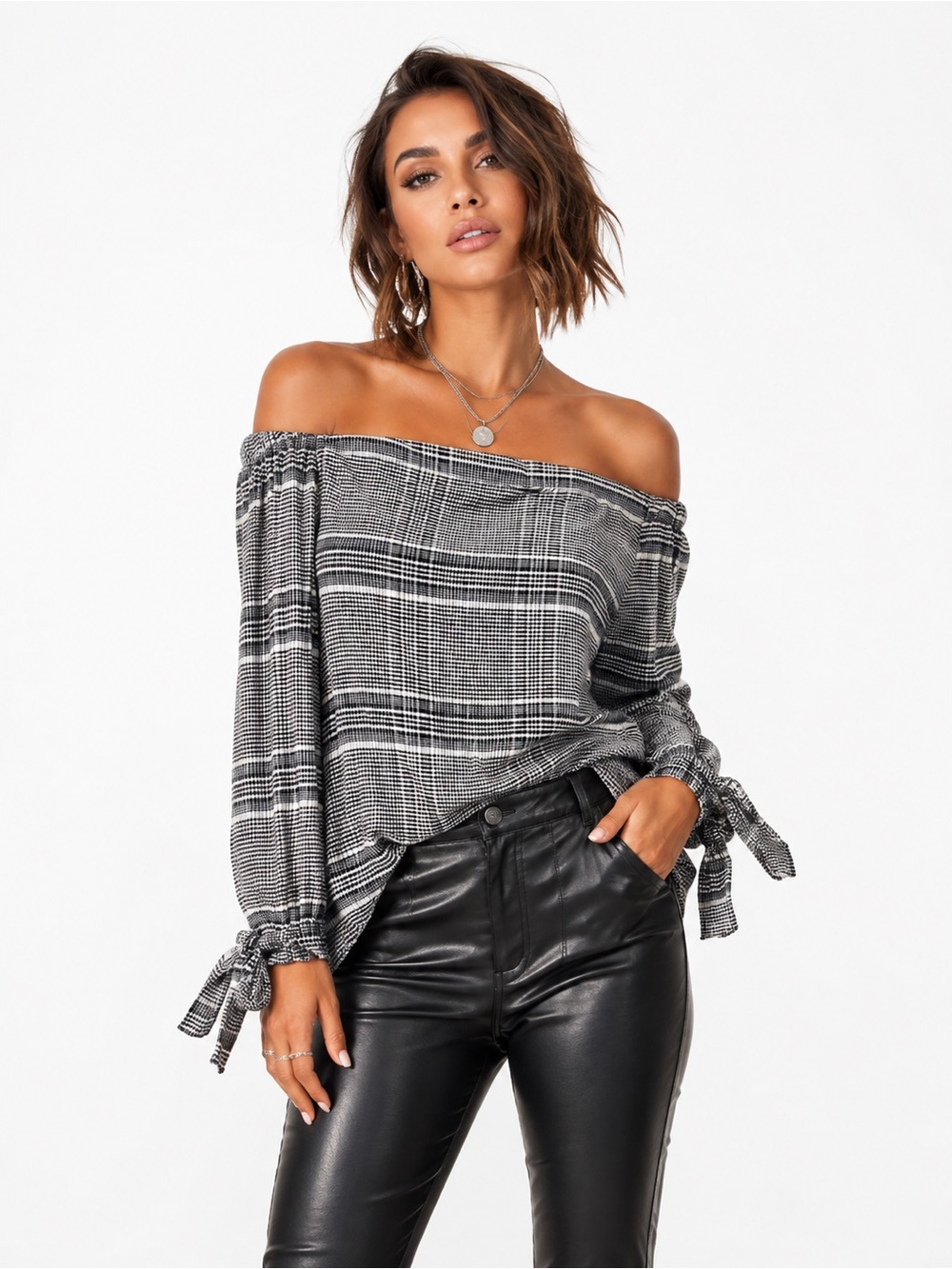 Y2K Off Shoulder Plaid Tie Sleeve Top | Black & White | Size Medium